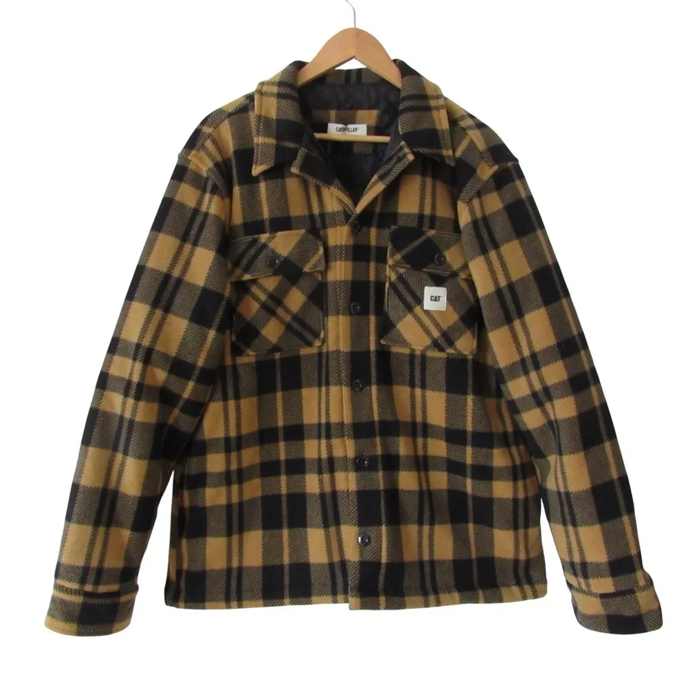 Caterpillar CAT Yellow Plaid Flannel Shirt Shacket XL Warm Button Closure Winter
